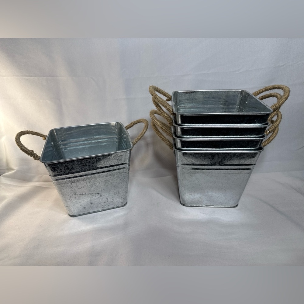Set of 5 Galvanized Metal Farmhouse Planter Bins w/ Rope Handles